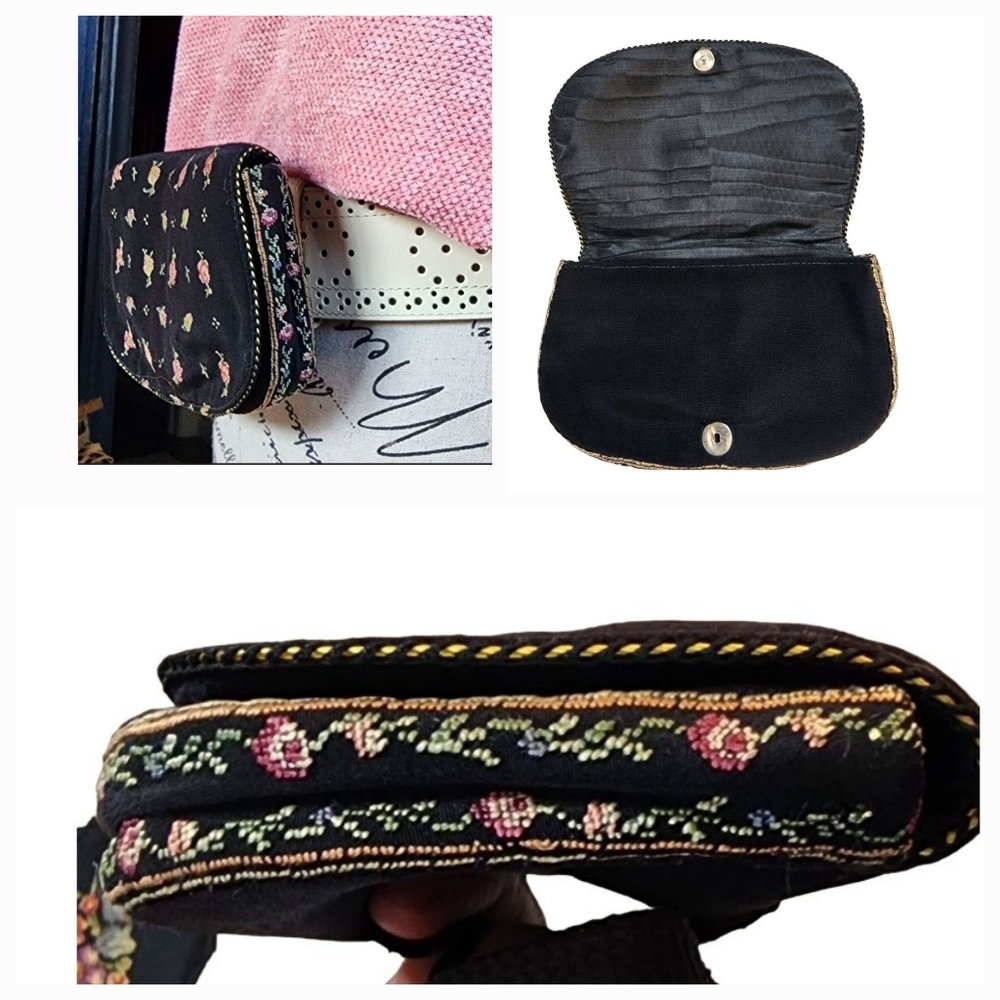 Vtg petit point Belt Bag Set Change Purse comb &‎ Holder Floral Embroidery